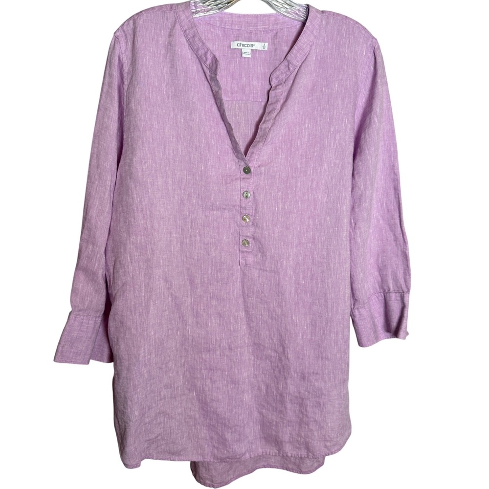 Chico's 100% Linen Tunic‎ Women's Size 2 Lavender Henley Casual Top Career